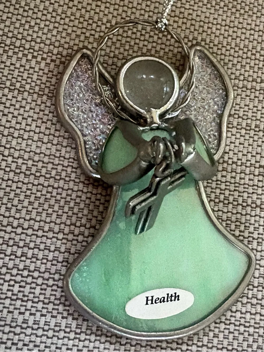 Ganz Green glass angel ornament with silver cross get well gift religious heal